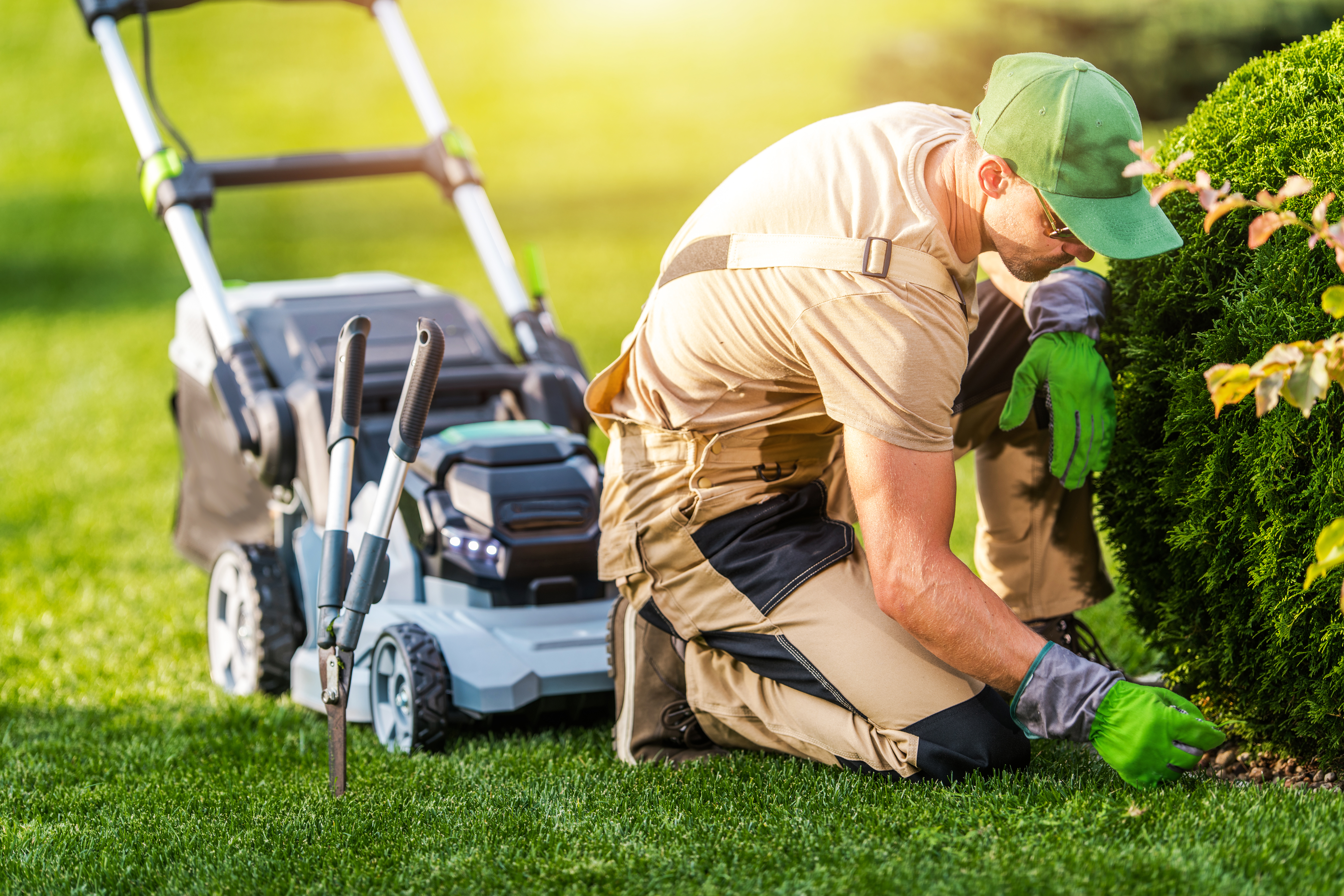 Gardener Mowing Grass and Cleaning Backyard Garden